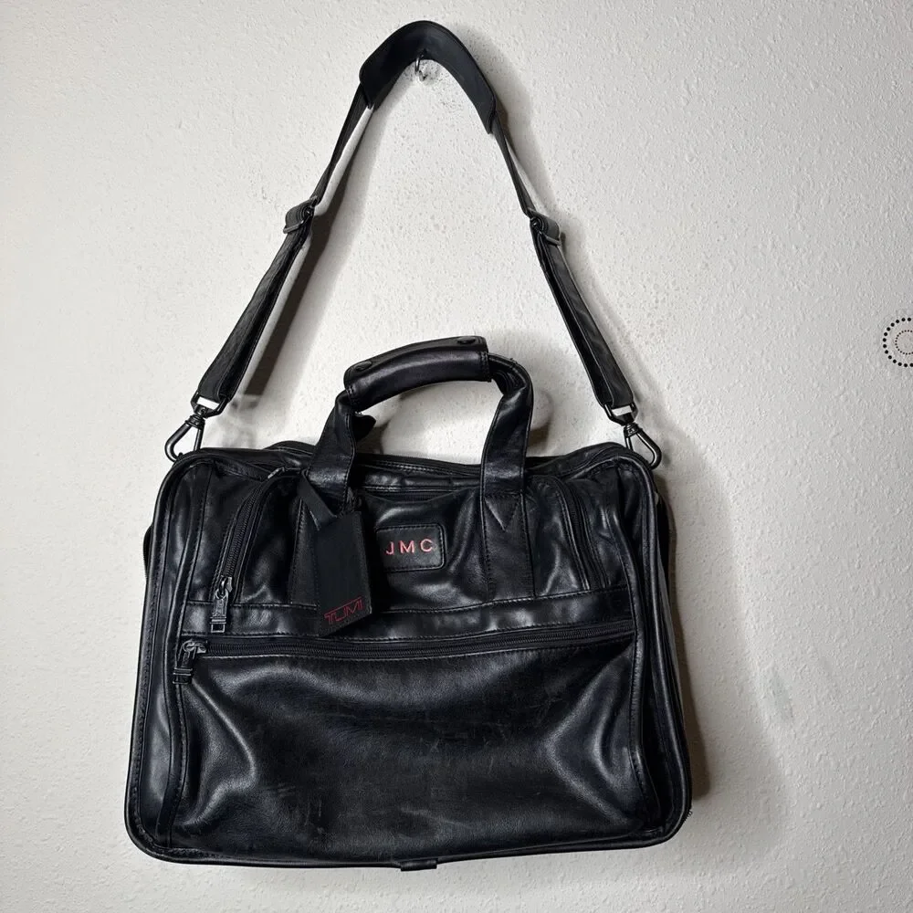TUMI Alpha Black Leather 17” Messenger Laptop Expandable Briefcase Bag Monogram
